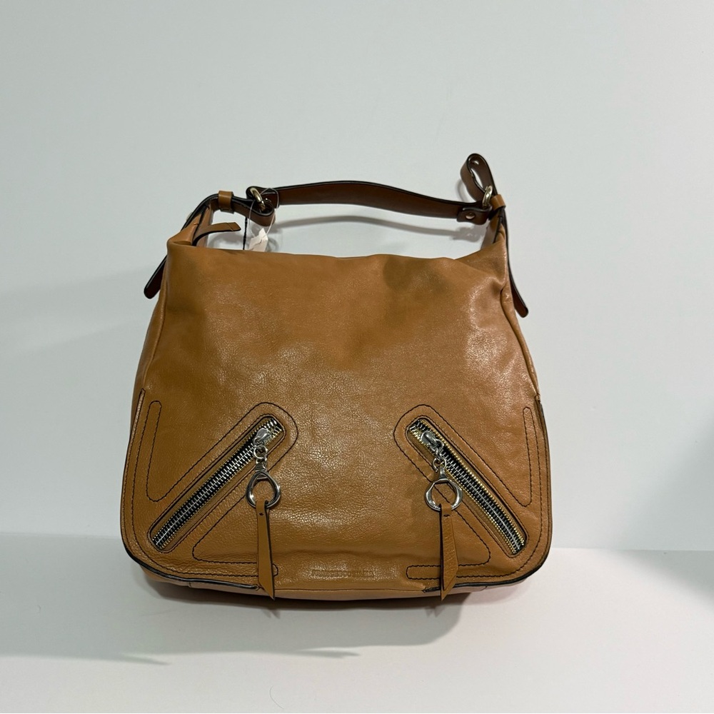 NWT Francesco Biasia Brown Leather Hobo Shoulder Bag with Curved Design